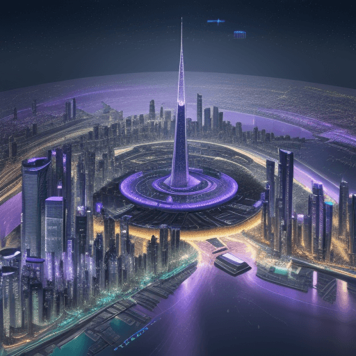 AI generated: 3D rendered aerial view of a digital city of the future, with a vast depth of field. Buildings, embl...