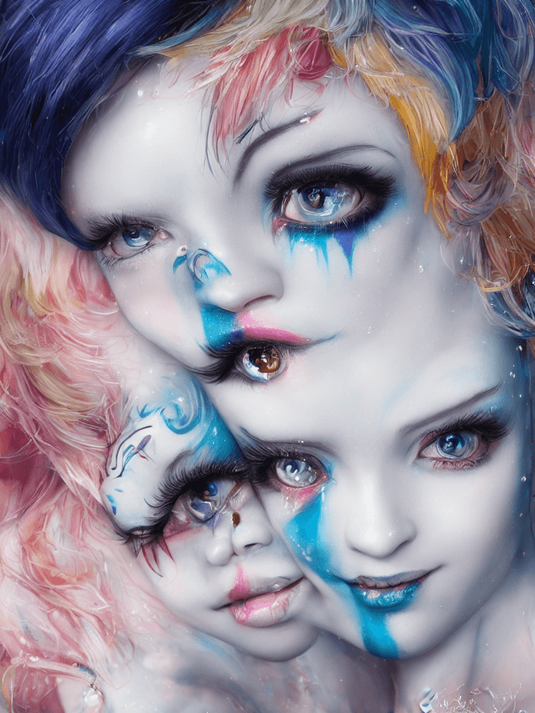 AI generated: Snow White as a clown-nymph, detailed light blue eyes, sparkling eye light, colorful clown wig, intr...