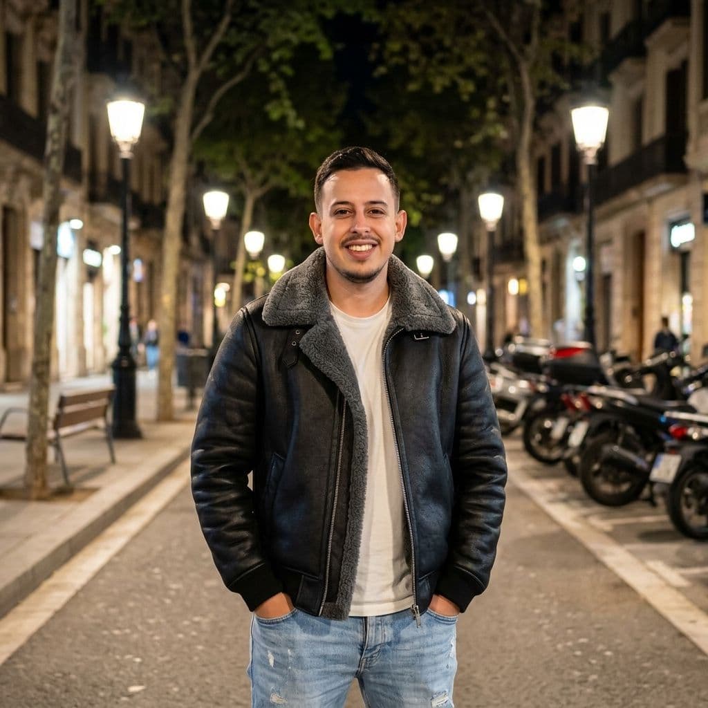 AI generated: A young handsome Spanish man in his late 20s, smiling confidently at the camera, dark short styled h...