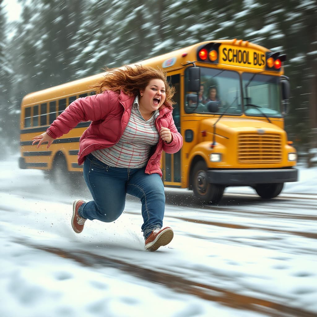 AI generated: big fat woman chasing after a twinkie on a school bus    
