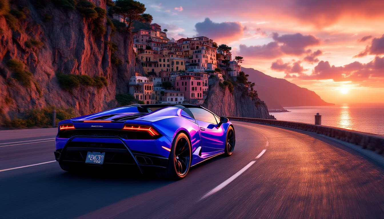 AI generated: “Imagine driving a sleek, Bright gloss Metallic blueberry Lamborghini Huracán EVO Spyder along the w...