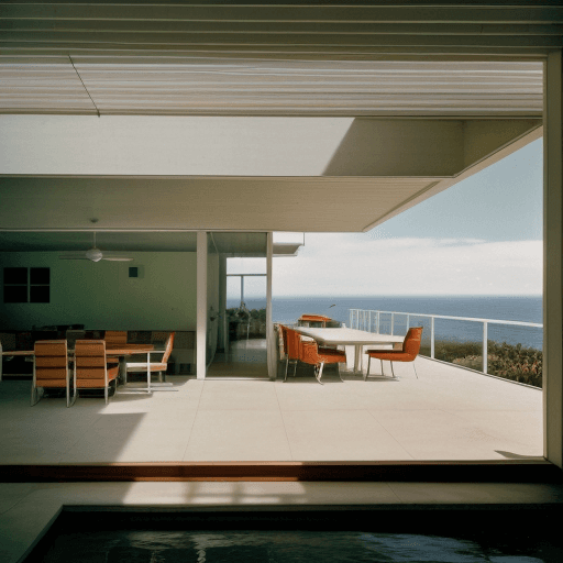 AI generated: Hyper realistic eye level exterior photo of a mid century modern style house overlooking the ocean, ...