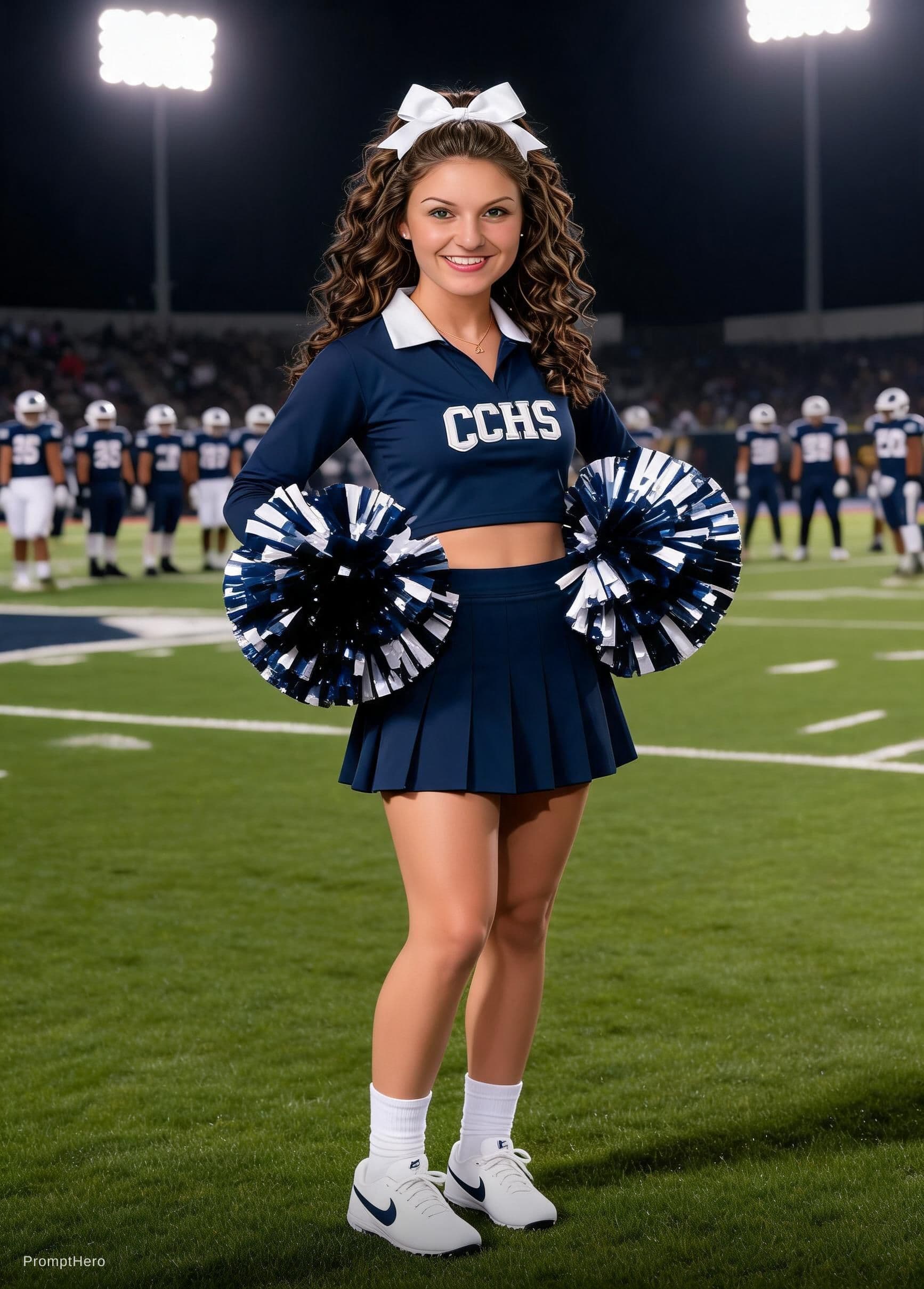 AI generated: Shapely, athletic female cheerleader with wavy shoulder length dark brown hair up in a ponytail with...