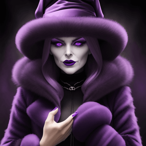 AI generated: a evil woman in a purple fur coat hypnotizing someone
