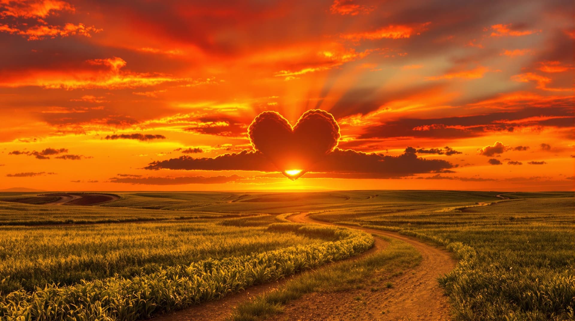 AI generated: A vibrant photograph of a stunning sunset, with the sun partially obscured by a heart-shaped cloud f...