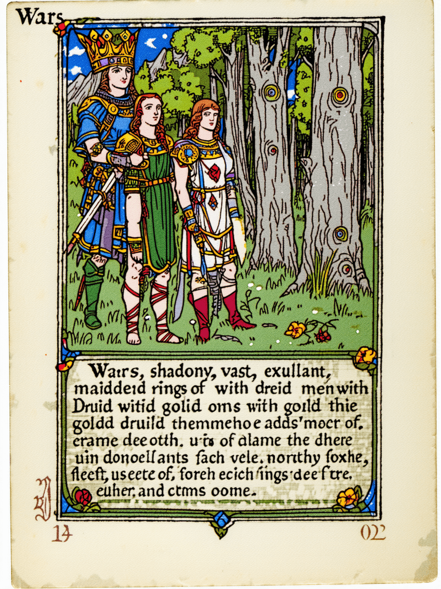 AI generated: Wars, shadowy, vast, exultant; maidens of old who wedded men with rings of Druid gold;