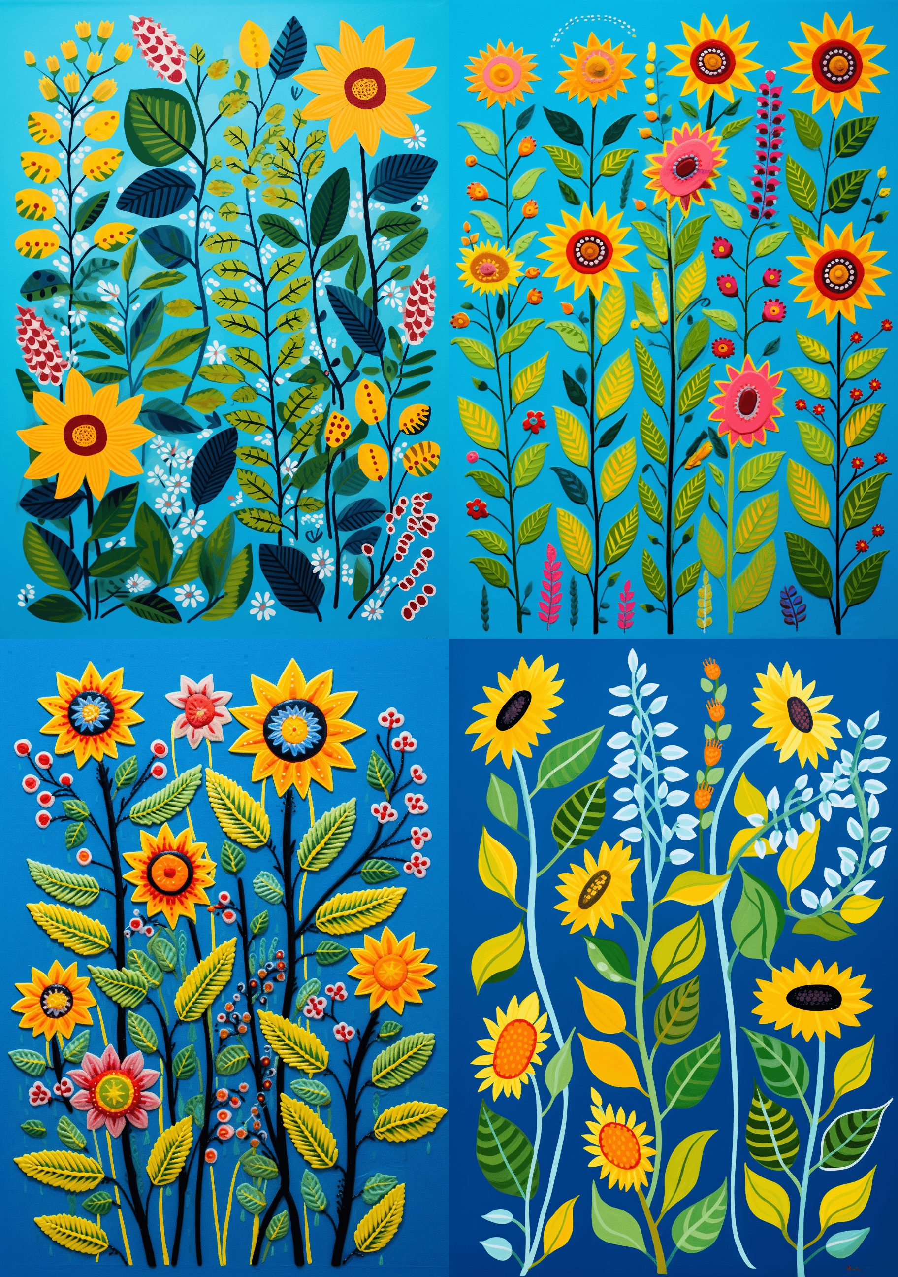 AI generated: A gouache painting of folk art sunflowers and embroidered beans on a blue background with green acce...