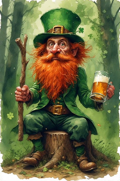 AI generated: an ugly leprechaun with a red beard and a mug of beer in one hand is beating himself by a stick in a...
