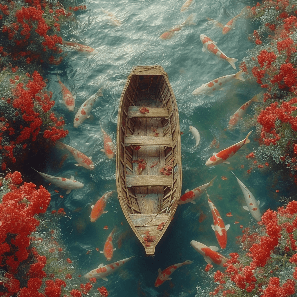 AI generated: top down photography, a small wooden row boat floating on deep water with monsterously large koi swi...