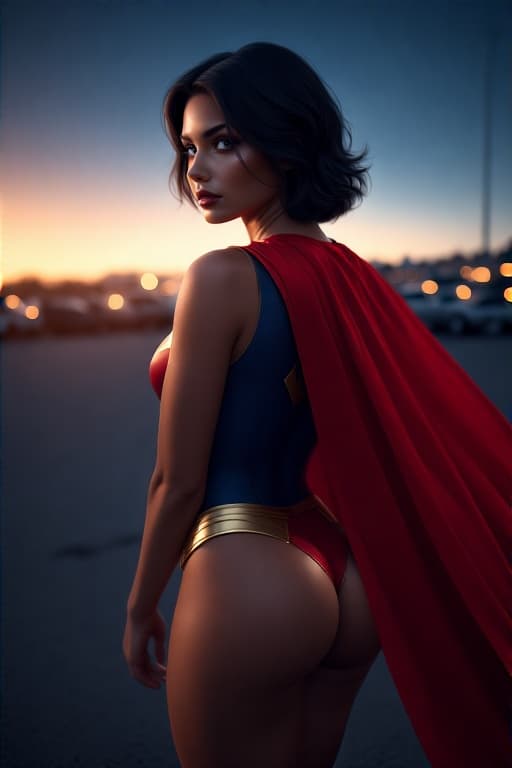 AI generated: photo of supergirl in a supergirl costume with a red cape on her back, black hair, short hair, tan s...