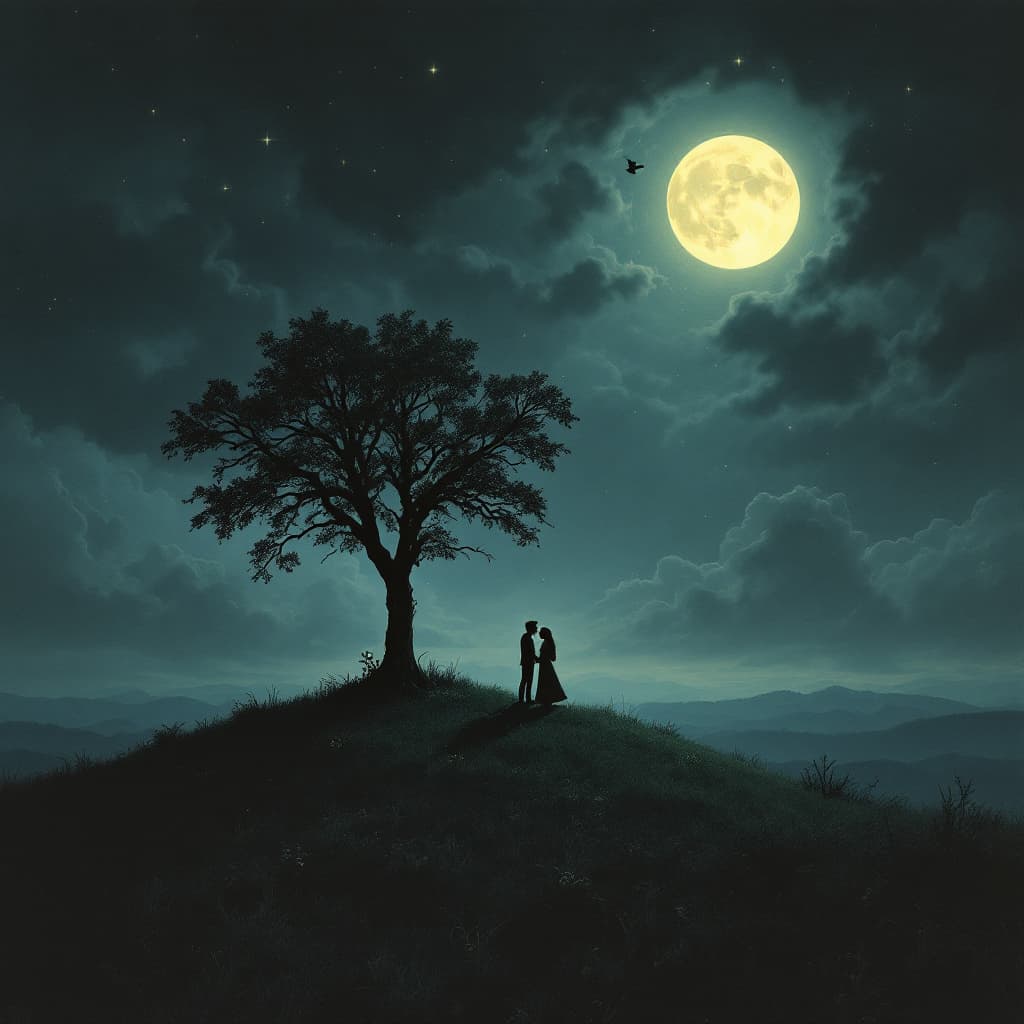 AI generated: A dark, stormy night with faint stars showing between many clouds, a full moon illuminating a single...