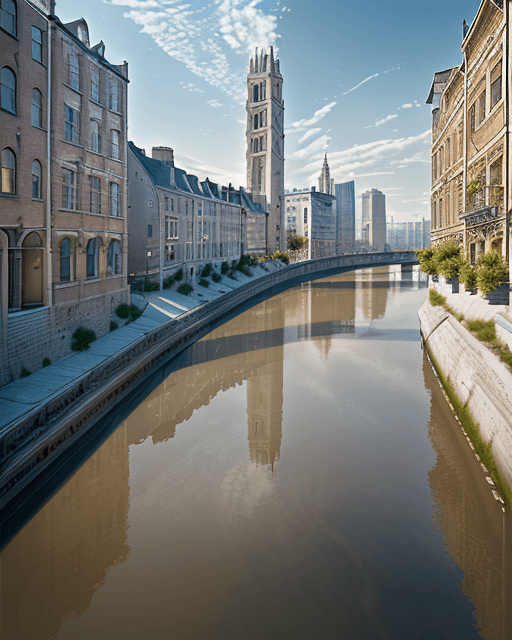 AI generated: clean river located in a city 8k, intricate detail, photorealistic, realistic light, wide angle, kin...
