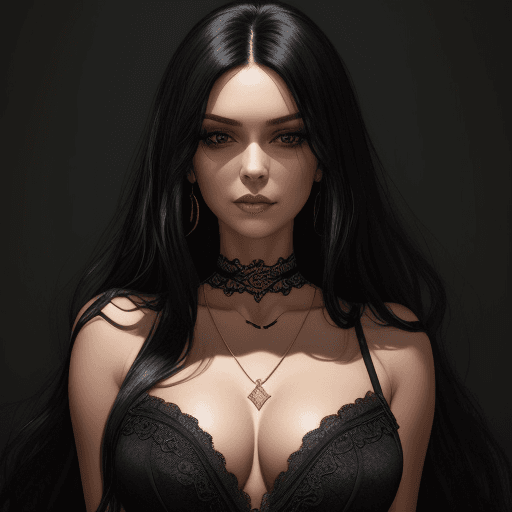 AI generated: A woman in a frontal pose with long, voluminous black hair, wearing a low-cut black dress with lace ...