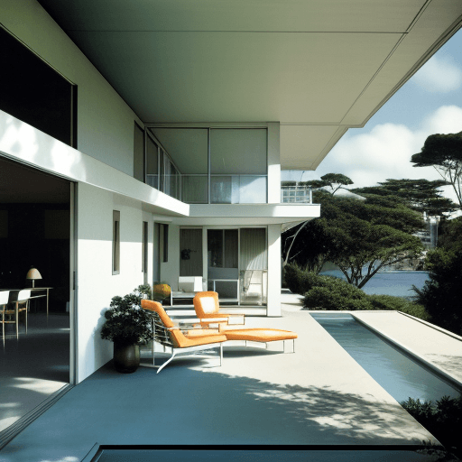 AI generated: Hyper realistic eye level exterior photo of a mid century modern style house overlooking the ocean, ...