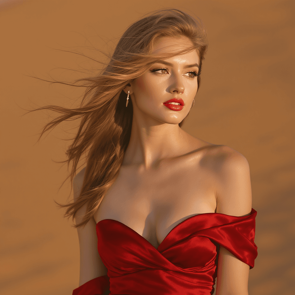 AI generated: "Vertical, full hight portrait. Supermodel, early 20's, fair skin, flowing windswept auburn hair, ha...