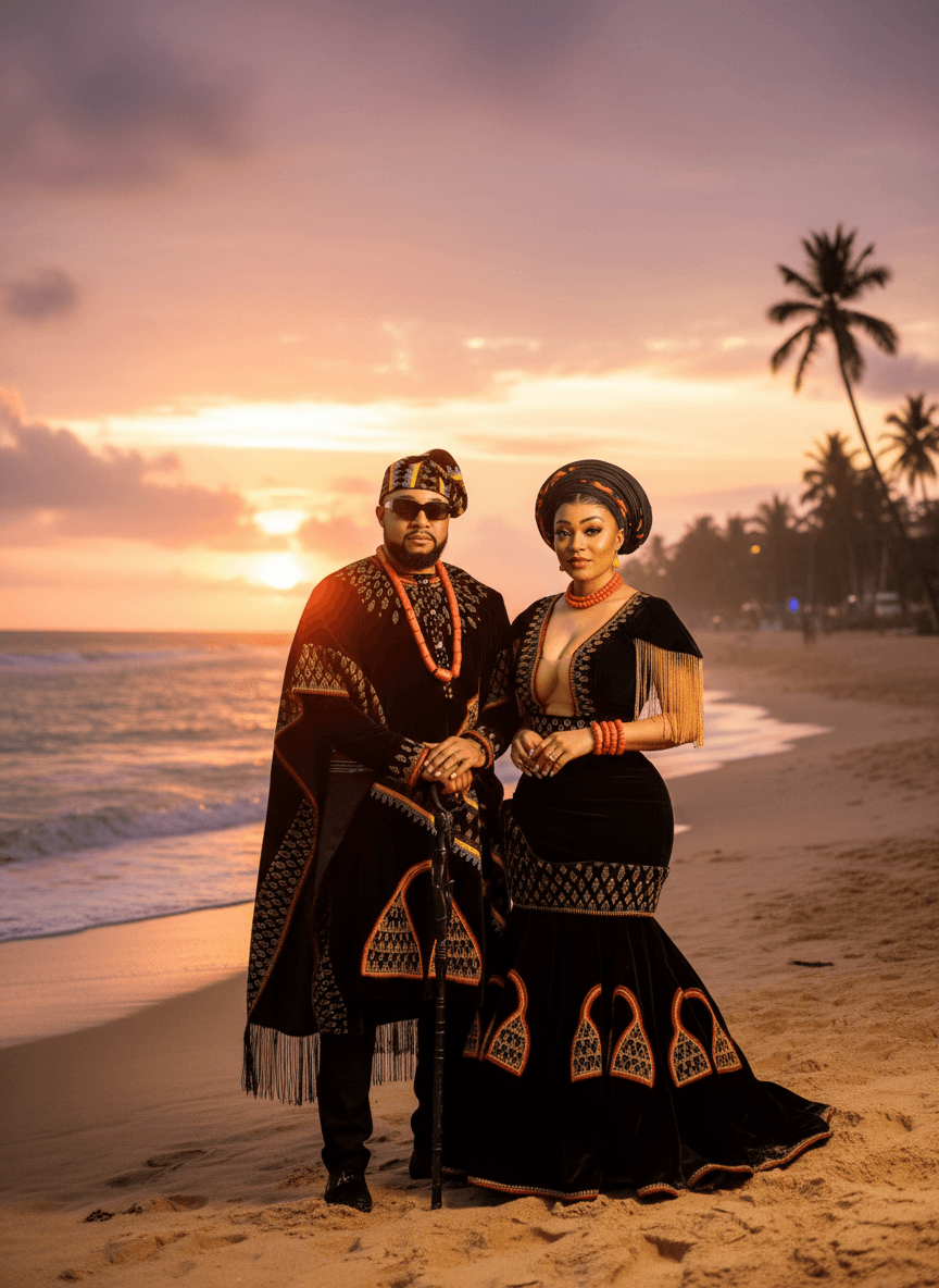 AI generated: recreate the image on a beach setting with African American couple but stay as close to the oufit s ...
