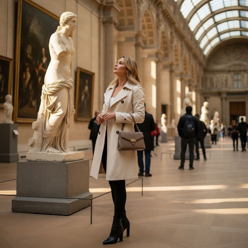 AI generated: Lifestyle photo of a sophisticated woman walking through the Louvre, admiring classical art, wearing...