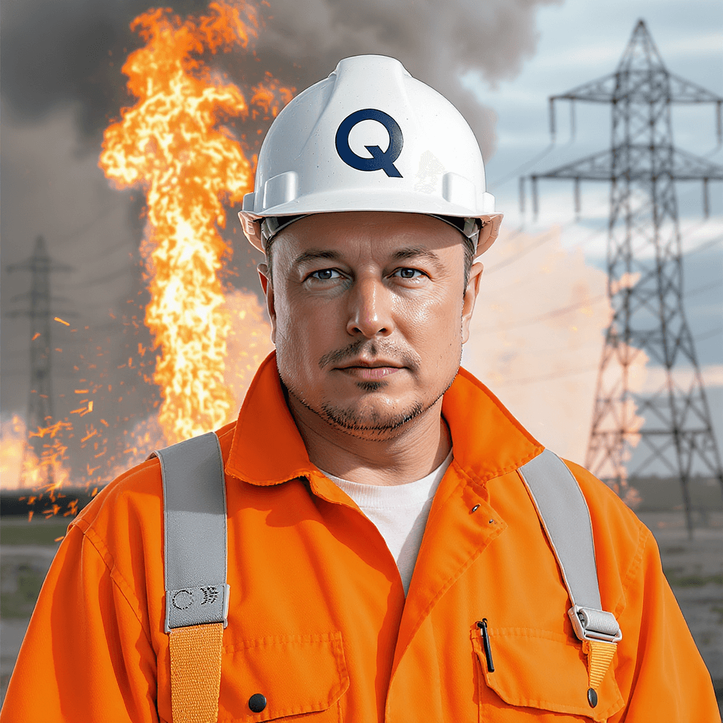 AI generated: A picture of Élon Musk wearing an orange construction suit a White construction helmet with the Lett...