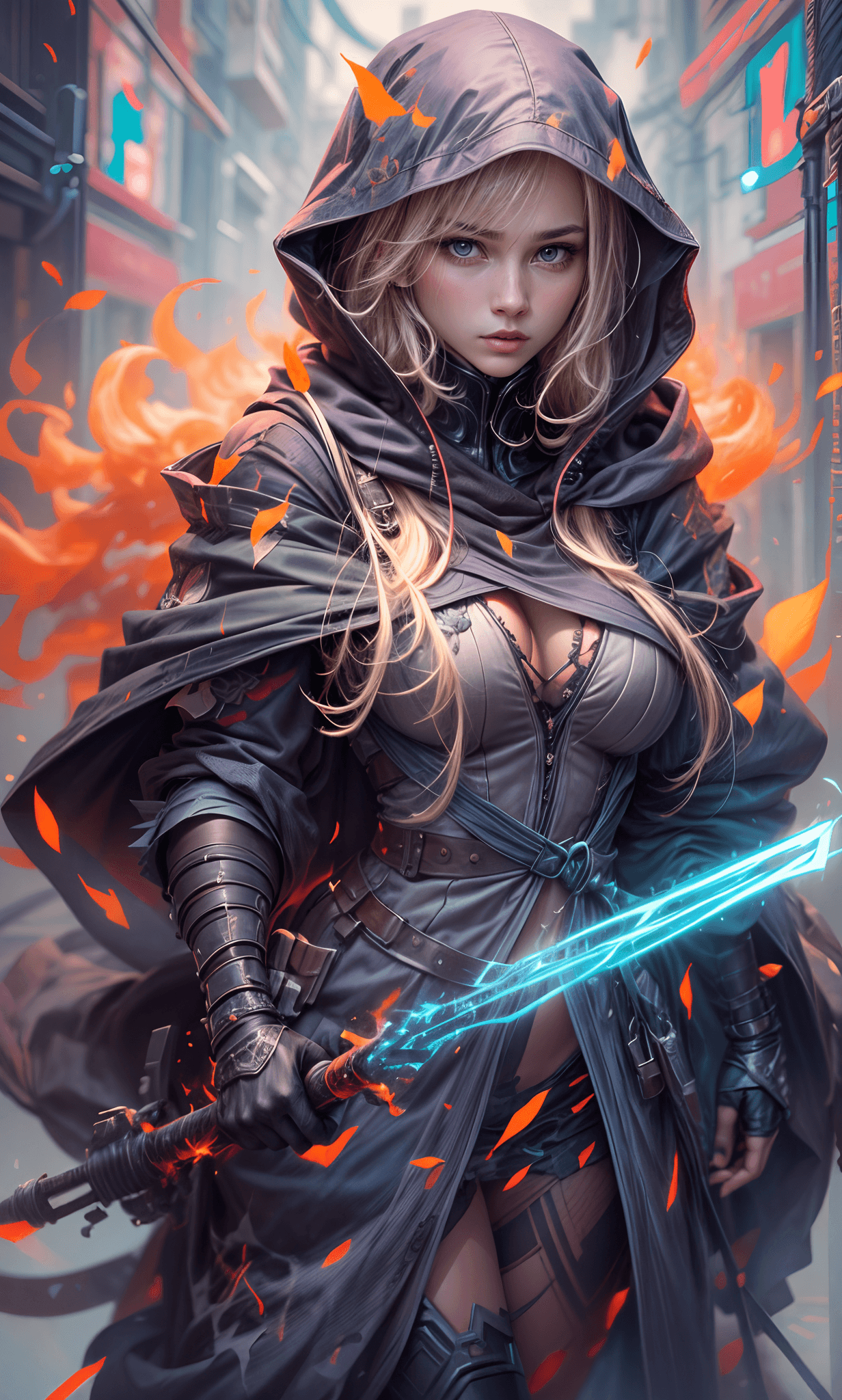 AI generated: masterpiece, Rogue assassin girl, wearing a hood, blonde hair, shrouded in shadows, holding a flamin...