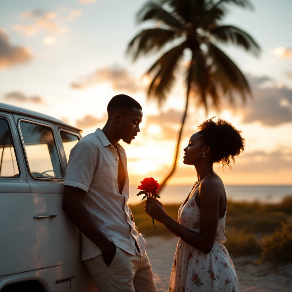 AI generated: A VINTAGE WHITE NISSAN CARAVAN, AN AFRICAN BOY, MID THIRTIES, LEANING ON IT, STARING ((WITH SI MUCH ...