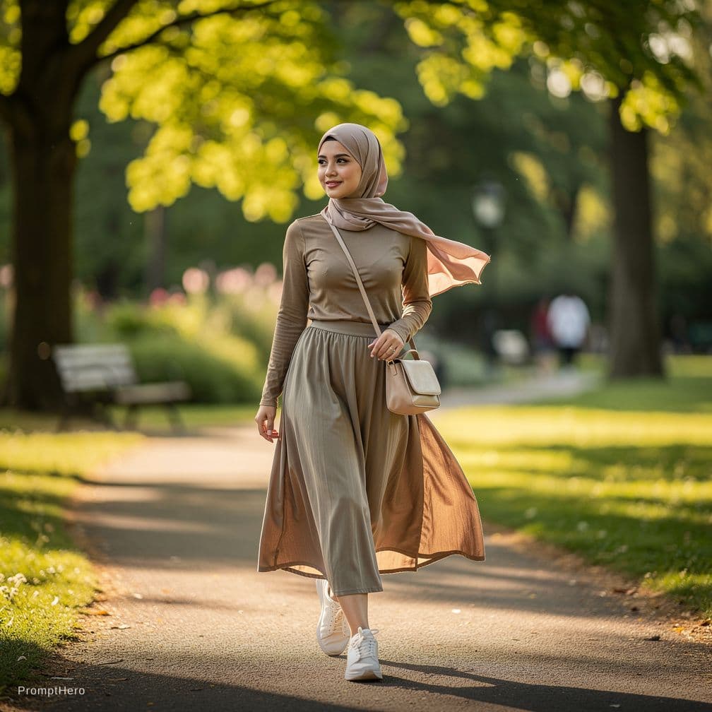 AI generated: 

A fashionable young woman in a hijab walking confidently through a park path, casual chic outfit, ...