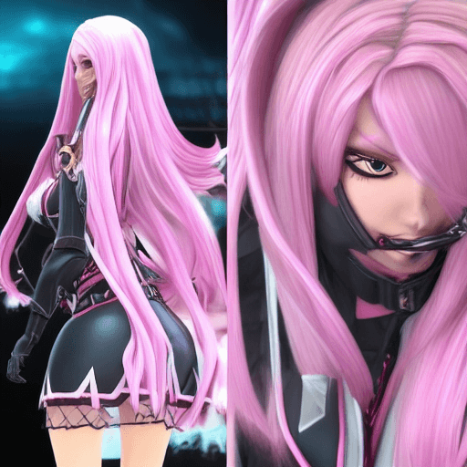 AI generated: blonde streaks in pink haired Seraphine from League Of Legends in a Battle Academia suit and skirt s...