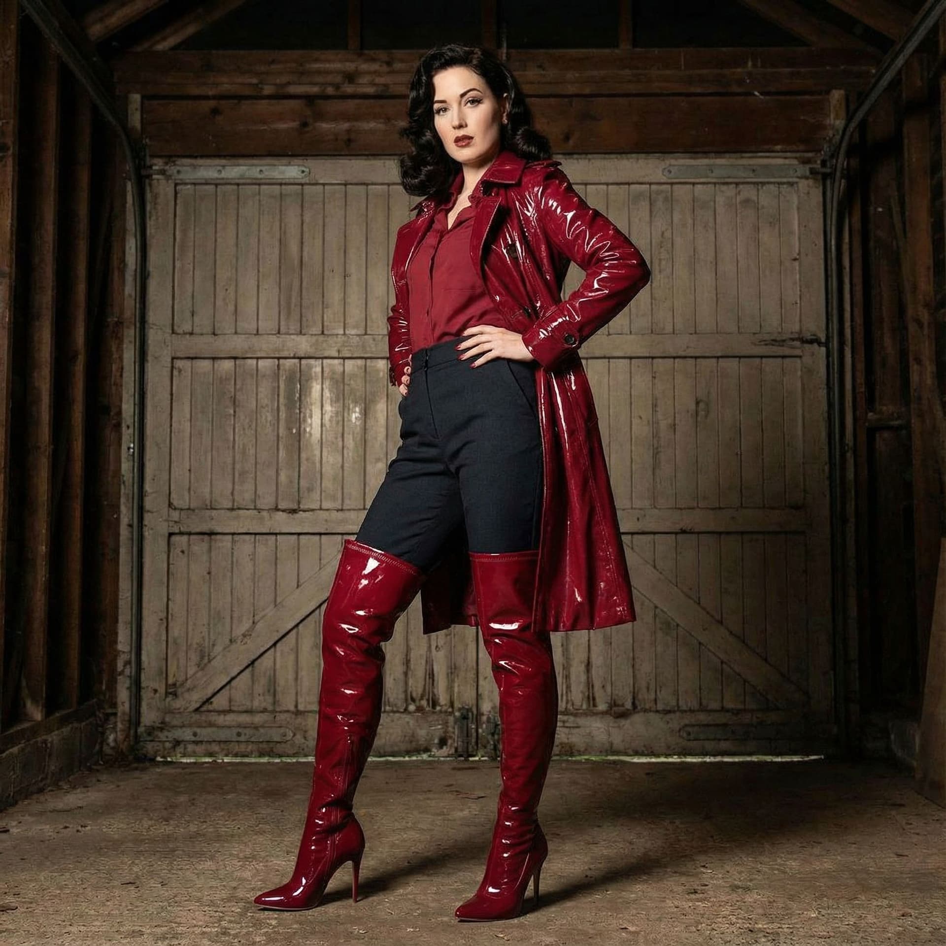 AI generated: a classic style reminiscent of Christian Louboutin., shiny red leather boots that reach up to her up...