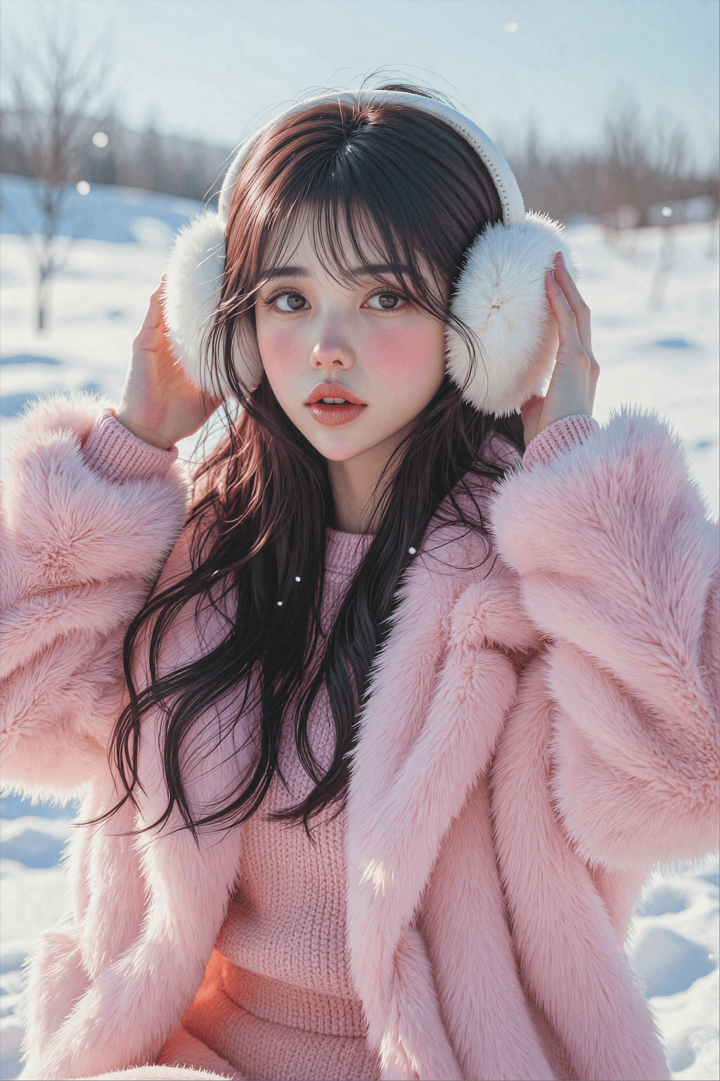 AI generated: A photorealistic high-key winter portrait of a cute young Asian woman standing in the snow. She is w...