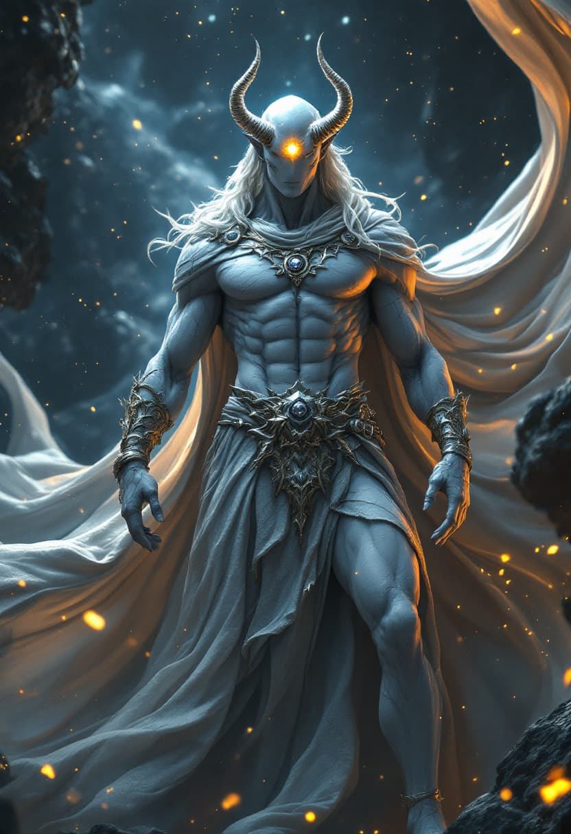 AI generated: God of Gods, full-body, No Hair or mouth, Marble Skin, Etherial, muscular, one Glowing Golden eye an...