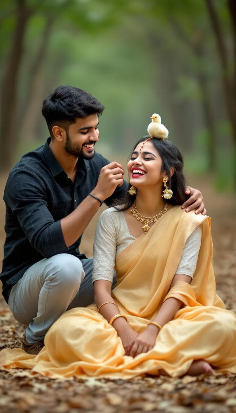 AI generated: A playful outdoor moment in a soft forest setting. A young South Indian couple is sitting on the dry...