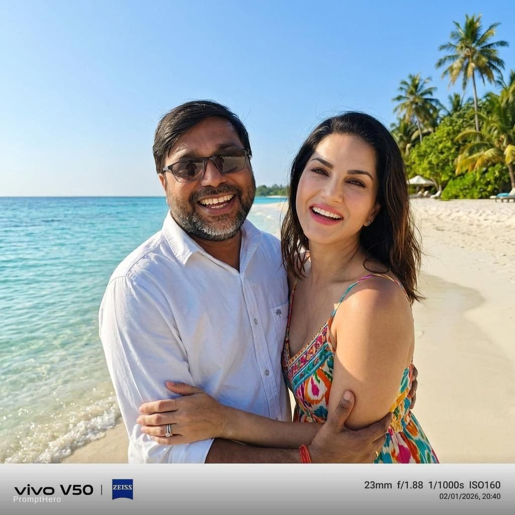 AI generated: with sunny leoneat a tropical beach, sunny day, both smiling