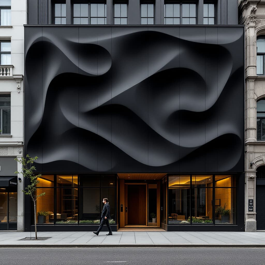 AI generated: architectural photography, commercial building with undulating black facade, shot on canon eos r5 wi...