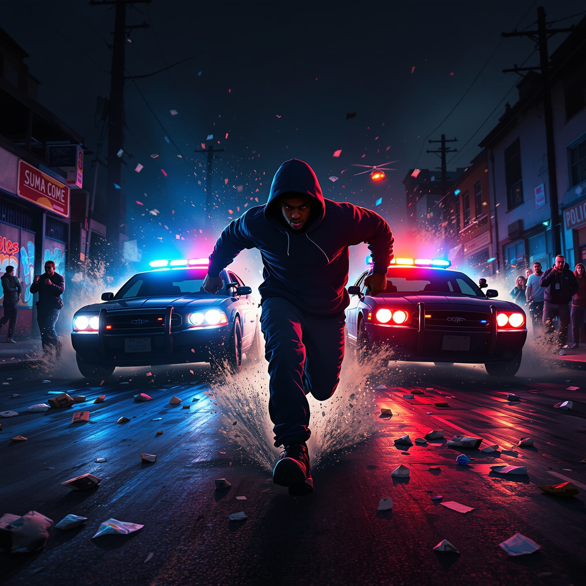 AI generated: FRONT view of a young black men in hoodie and urban wear running AT FULL SPEED and stride, one fist ...