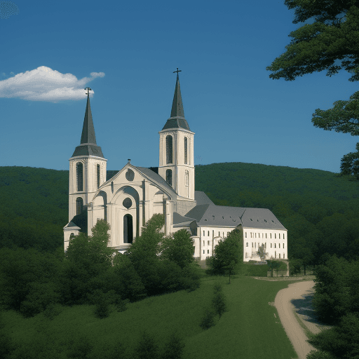 AI generated: Small Midwest town with Catholic Church and nearby convent. Many hills and very wooded. 
