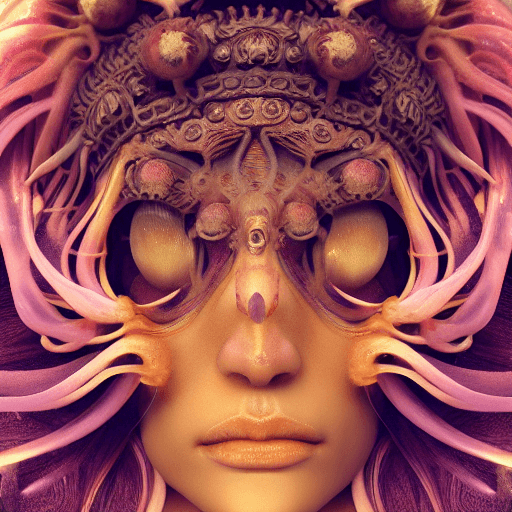 AI generated: Goddess close-up portrait ribcagel. jellyfish phoenix head, nautilus, orchid, skull, betta fish, bio...