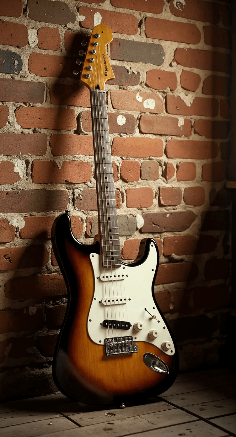 AI generated: guitar acroché au mur