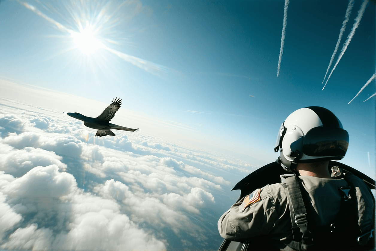 AI generated: (“A cinematic scene from the left side cockpit view of a fighter jet soaring through a cloudy sky. T...