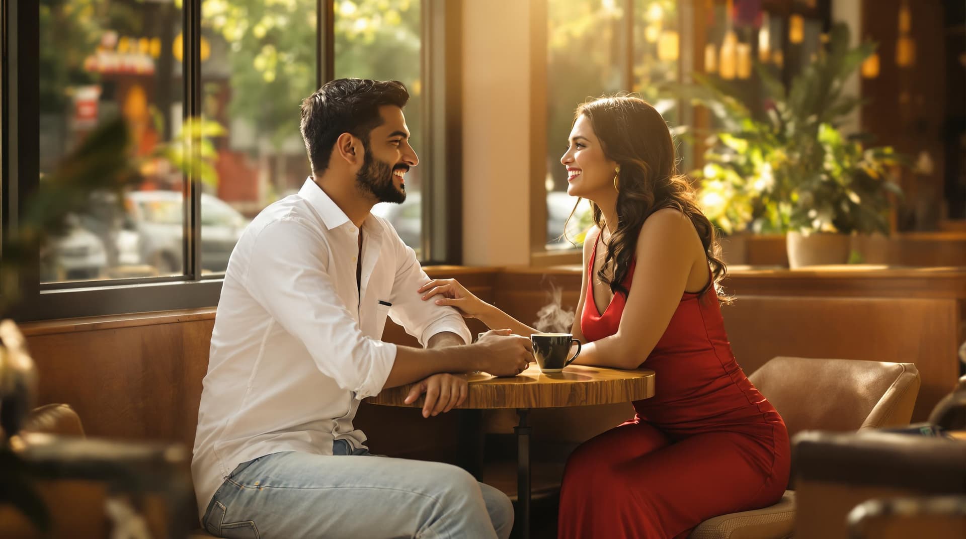 AI generated: (Cinematic UHD, hyper-realistic young Indian couple sitting opposite to each other at a cozy café ta...