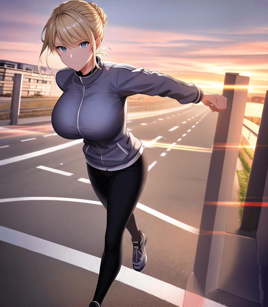 AI generated: ((perfect anime illustration)), 1girl, blonde hair, braided buns, outdoors, 5k, mile, outdoors, (hug...