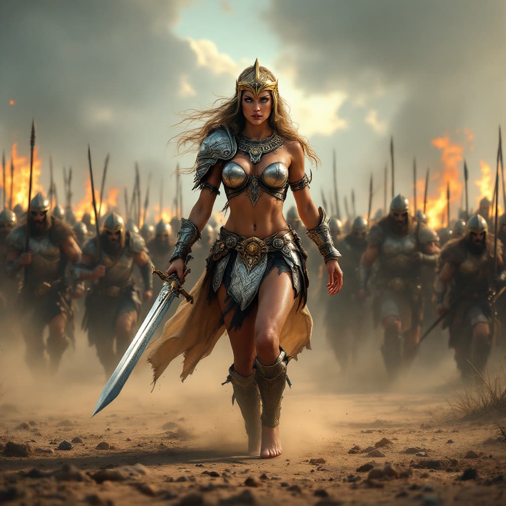 AI generated: full body view A fearless, huge-breasted barbarian warrior queen with blue eyes and silver armor tha...
