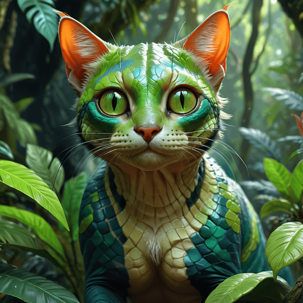 AI generated: a detailed digital painting of a ((cat: reptile: 0.7)), in a rainforest, bright colored skin, macro ...