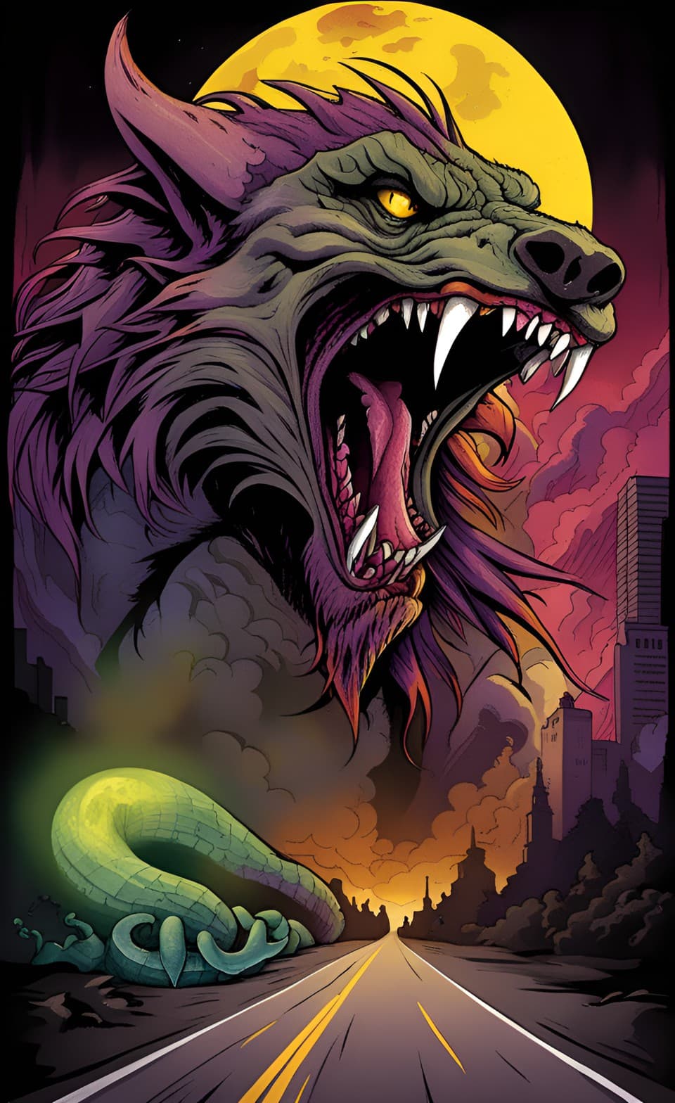 AI generated: A poster of an ethereal werewolf serpentine type creature, born out of the shadows, in a dark eerie ...