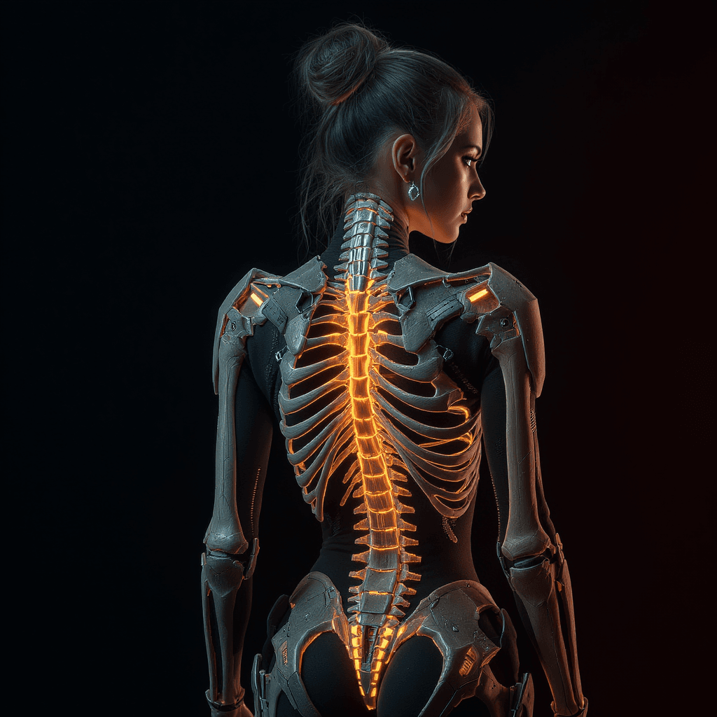 AI generated: photography, woman model, 45-degree angle rear view, detailed exoskeleton jacket, inspired by skelet...