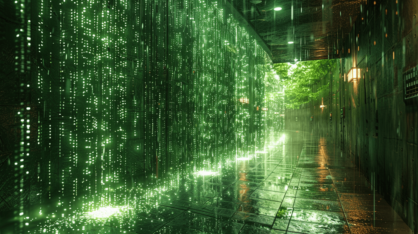 AI generated: A scene from the Matrix world with digital rain -- human batteries -- sentient machines -- neon gree...