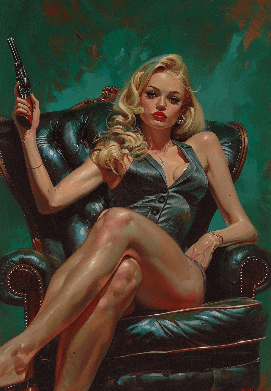 AI generated: A woman with blonde hair sits on an armchair in the style of Frank Frazetta. She has her legs crosse...