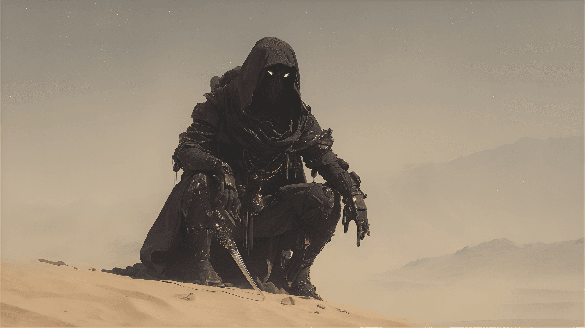 AI generated: desert shadow assassin, low angle view, character concept, portrait, sleek black outfit, gold chain ...