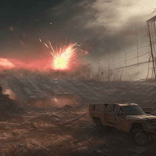 AI generated: Portrait of post-apocalyptic, lasers and explosions taking out whats left of a farm, cyberpunk style...