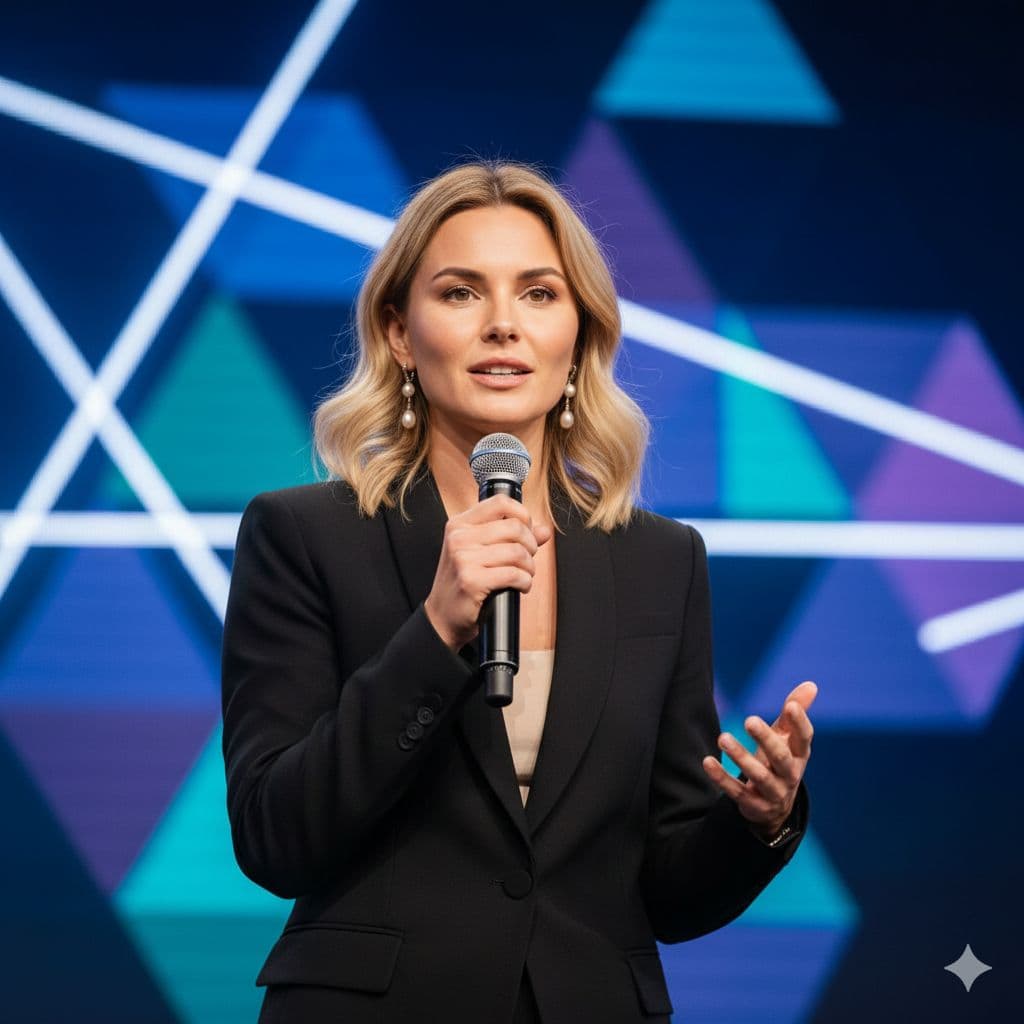 AI generated: Professional photo of a confident woman speaking at a leadership event in Paris, holding microphone,...