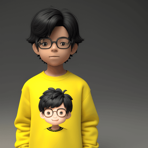 AI generated: small boy, 3D, 4k, black hair, looking ahead, front scene, yellow sweatshirt, 3D character, whole bo...