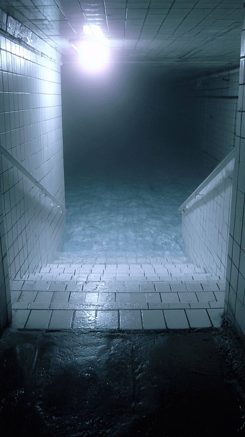 AI generated: realistic liminal photography, POV, descending white tiled stairs, into a dark flooded underground s...